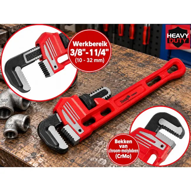 TVARDY Stillson pijptang 250 mm - 10 inch, CrMo-bekken en instelbereik 3/8 tot 1 1/4 inch
