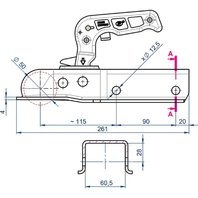ProPlus Kogelkoppeling vierkant 60 mm voor geremde aanhangers - verzinkt staal 1700 kg en Ø50 mm