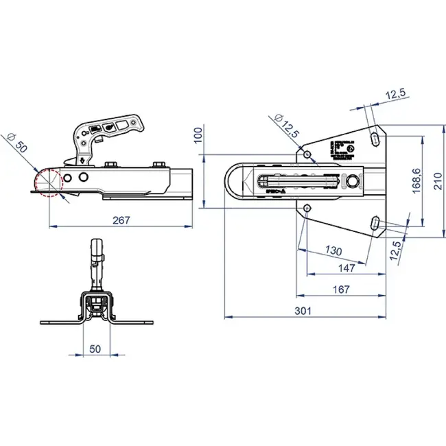 ProPlus Kogelkoppeling vierkant 50 mm - 750 kg met V-disseladapter
