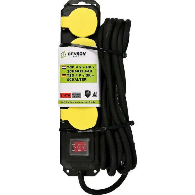 Benson Stekkerdoos 4-voudig met randaarde en schakelaar - 5 m kabel, 230 V, 16 A, maximaal 3680 W en IP44