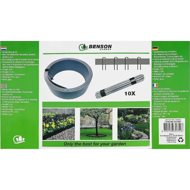 Benson Borderrand op rol 5 m x 7 cm grijs met 10 grondpennen voor tuin