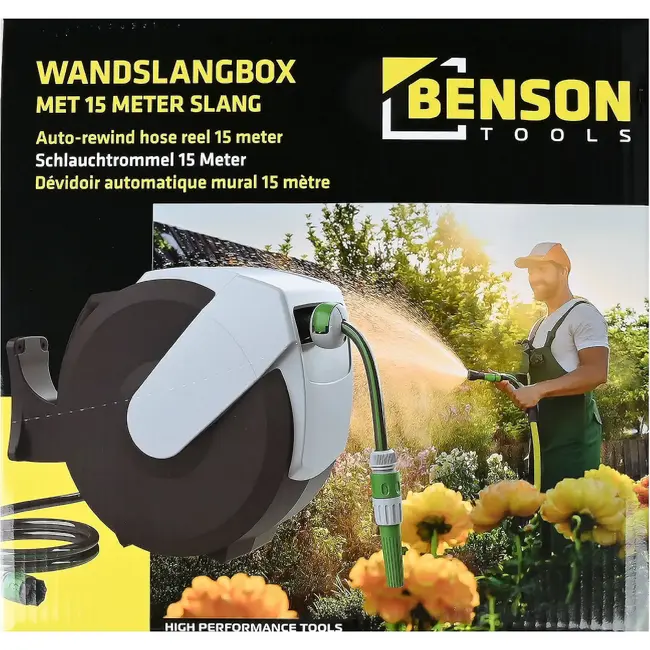 Benson Wandslang-box 15 meter met automatische oprolfunctie voor tuin