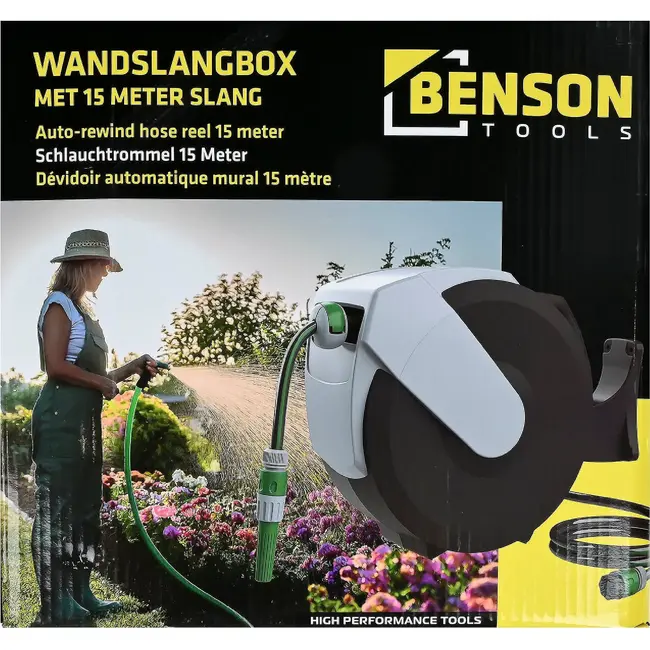 Benson Wandslang-box 15 meter met automatische oprolfunctie voor tuin