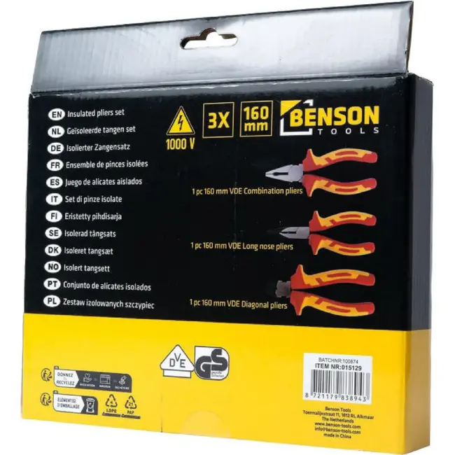 Benson VDE tangenset 3-delig met 3 geïsoleerde tangen van 160 mm