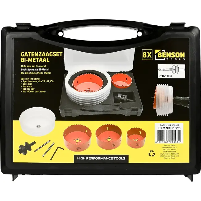 Benson Gatenzaagset 8-delig bi-metaal met gatzagen van 76, 102 en 108 mm, stofkap en opbergkoffer