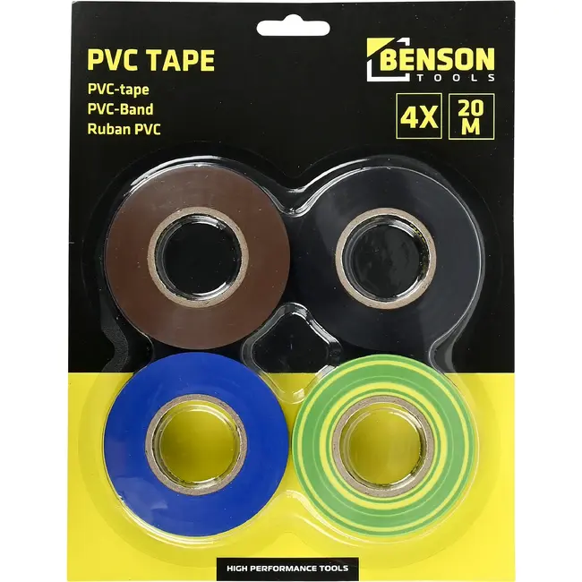 Benson PVC-tape 4-delig – 4 x 20 m – Verschillende kleuren voor klussen