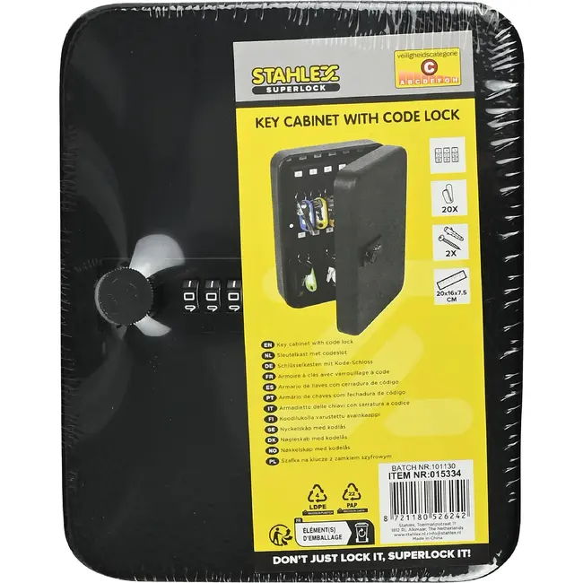 Stahlex Sleutelkast met codeslot – 20 haken – Zwart staal – Inclusief sleutellabels en bevestiging