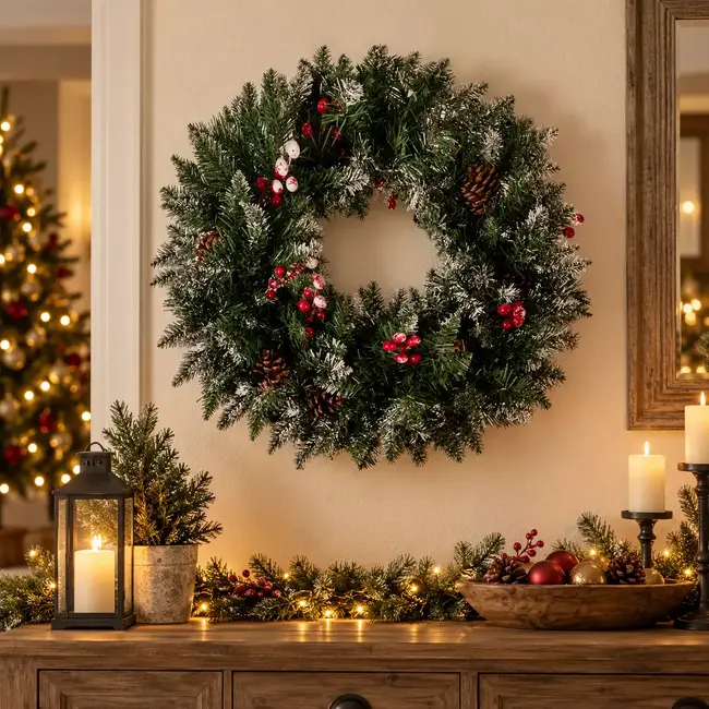 Ruhhy Besneeuwde Kerstkrans - 45 cm - Sfeervolle Deur- en Wanddecoratie