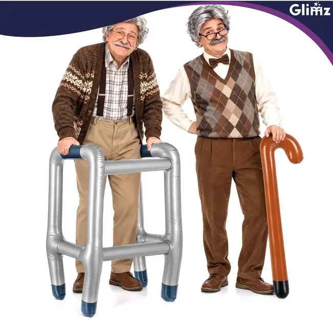 Glimz Opblaasbare Rollator met Wandelstok – Carnaval Verkleedset