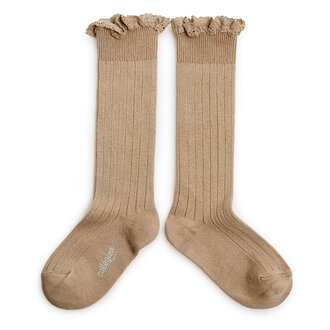 Collégien Collégien Joséphine Lace-Trim Ribbed Knee-high Socks Petite Taupe
