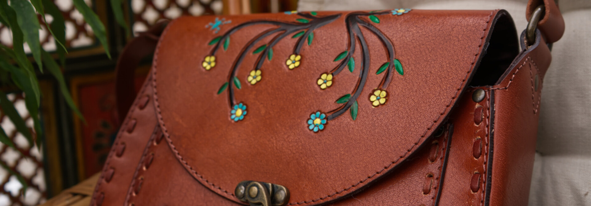 Leather Carved Flower Bag Large