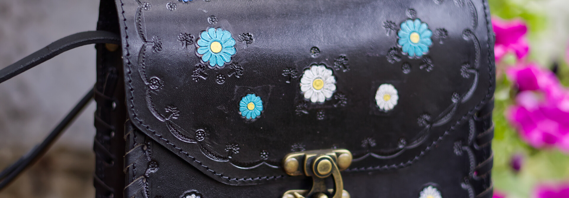 Stevie Black And Blue Flower Leather Bag