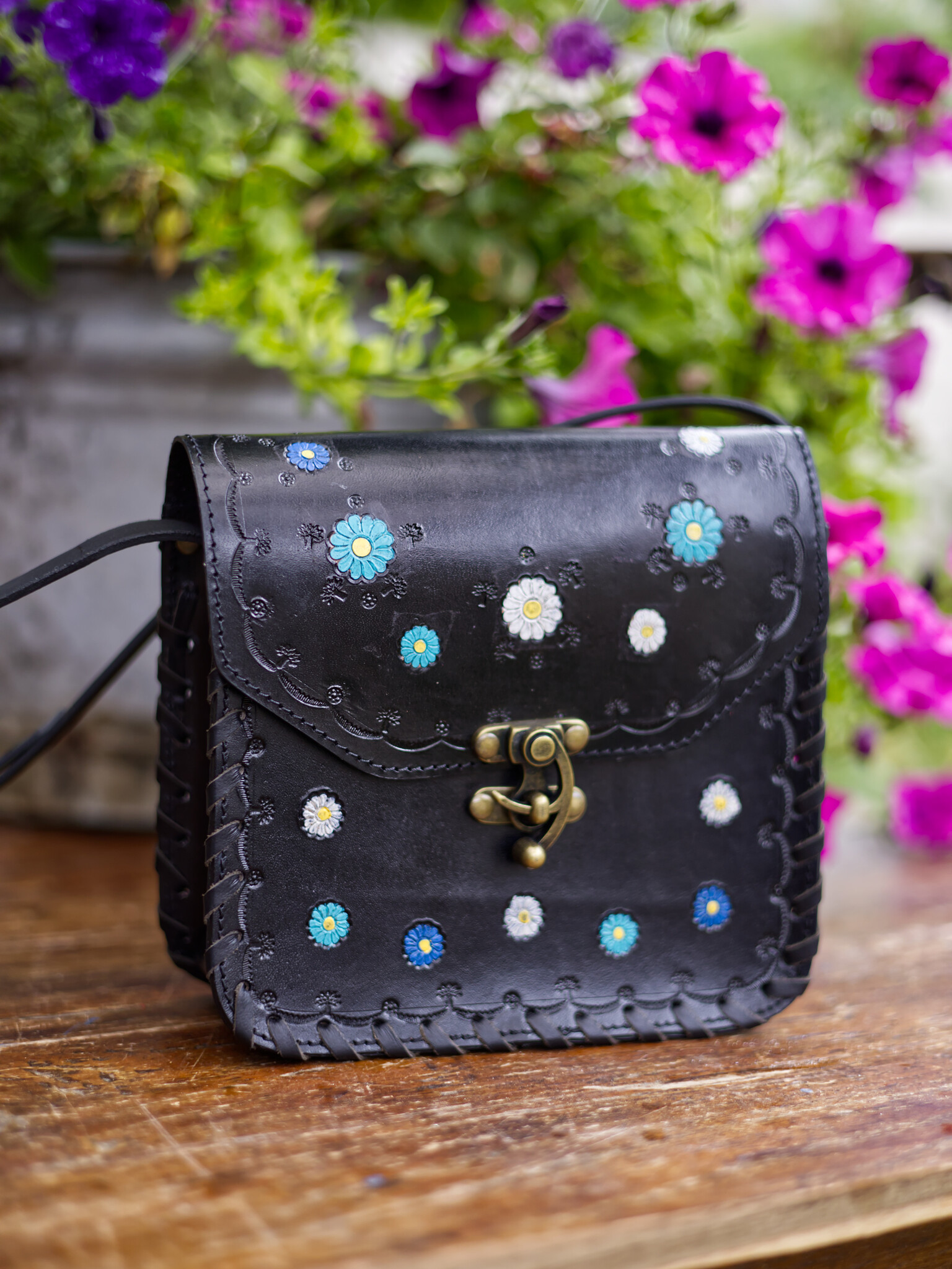 Stevie Black And Blue Flower Leather Bag-1