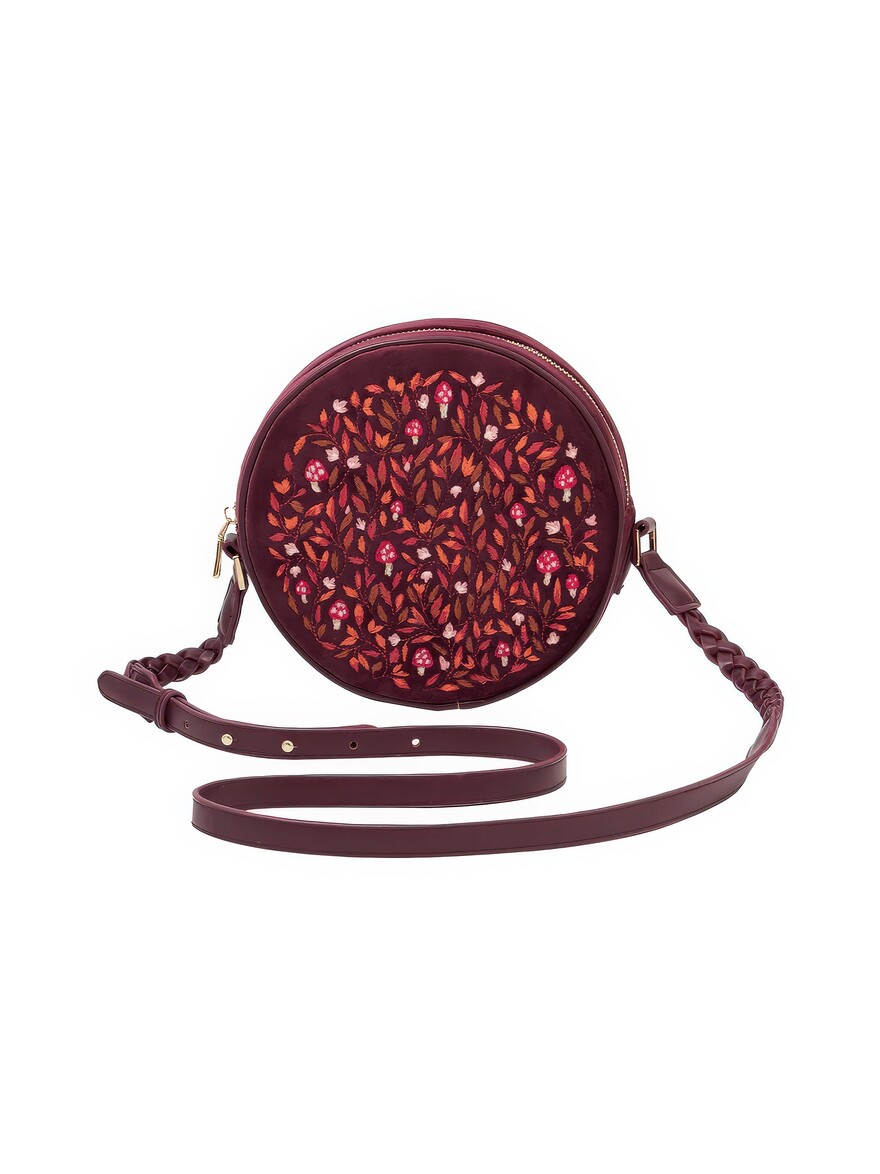 Magical Mushroom Embroidered Burgundy Circle Bag
