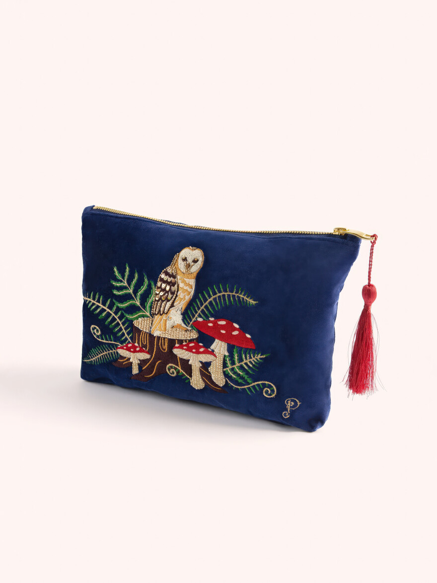 Velvet Zip Pouch - Woodland Owl