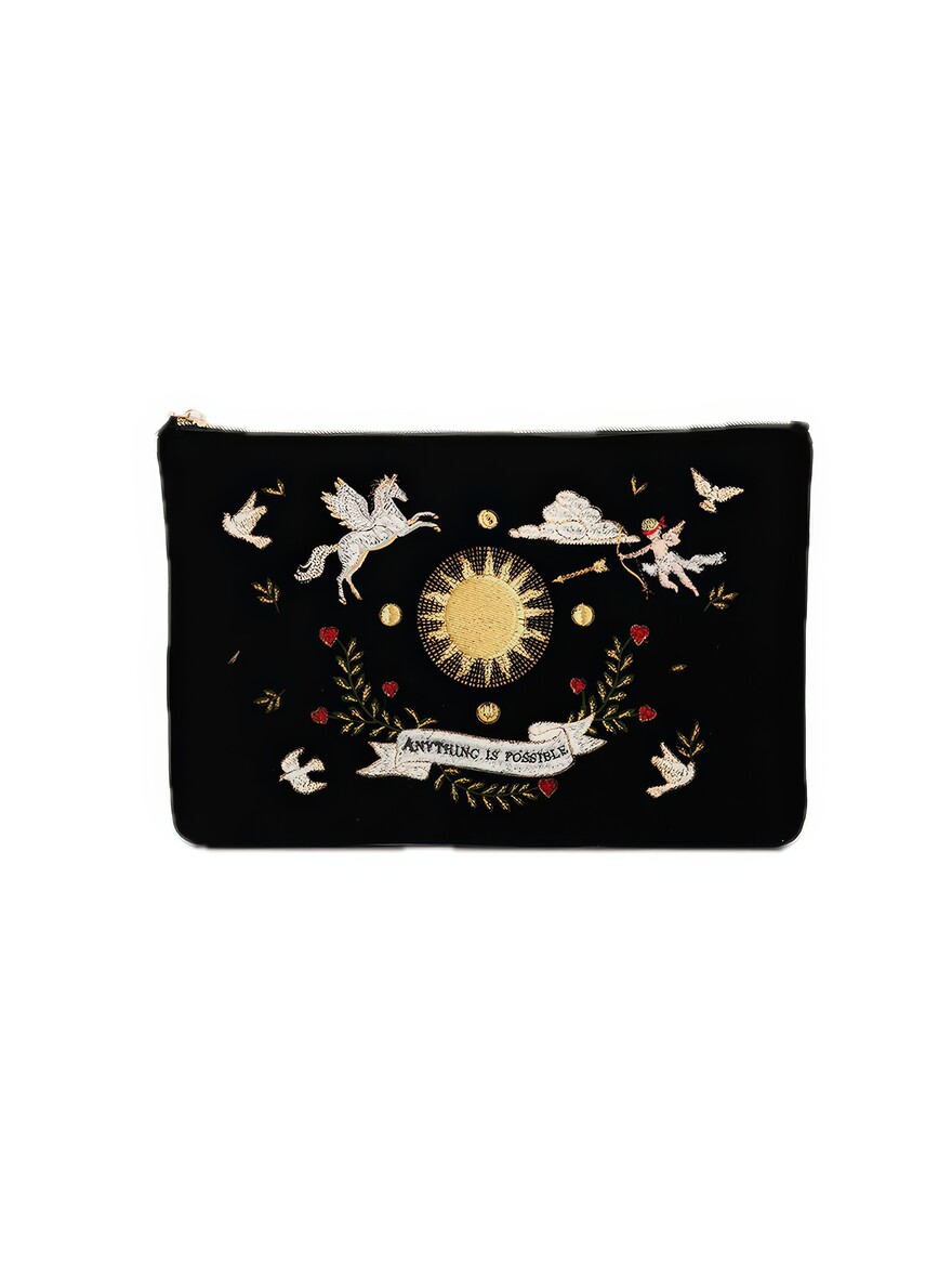 Black Celestial Velvet Embroidered Pouch
