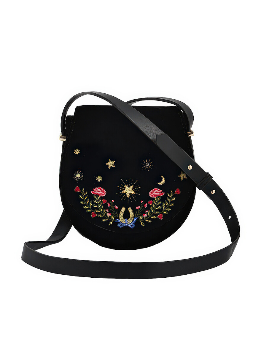 Black Dove & Floral Star Velvet Embroidered Saddle Bag