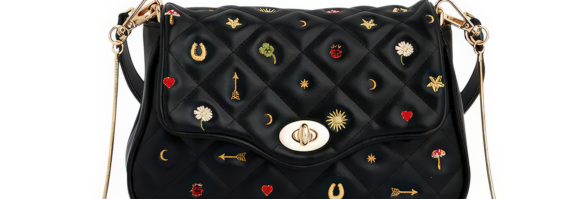 Black Quilted Motif Embroidered Crossbody Bag