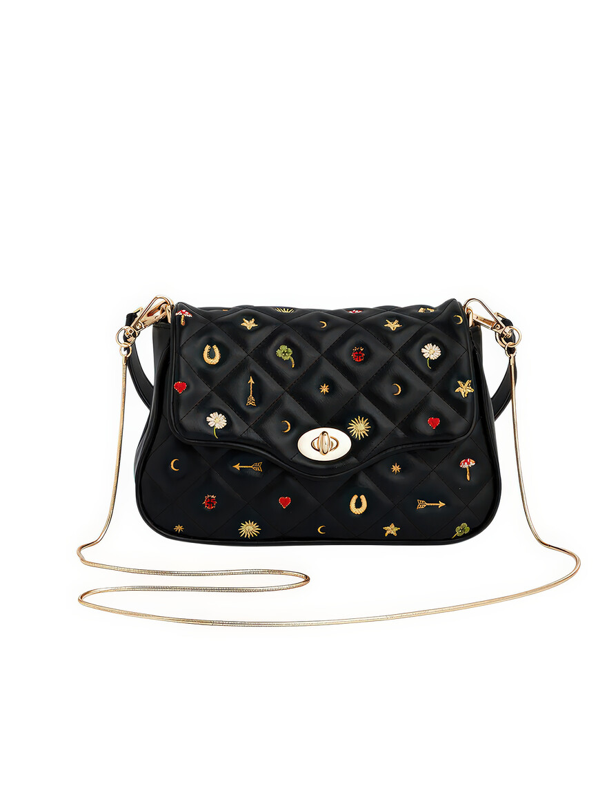 Black Quilted Motif Embroidered Crossbody Bag