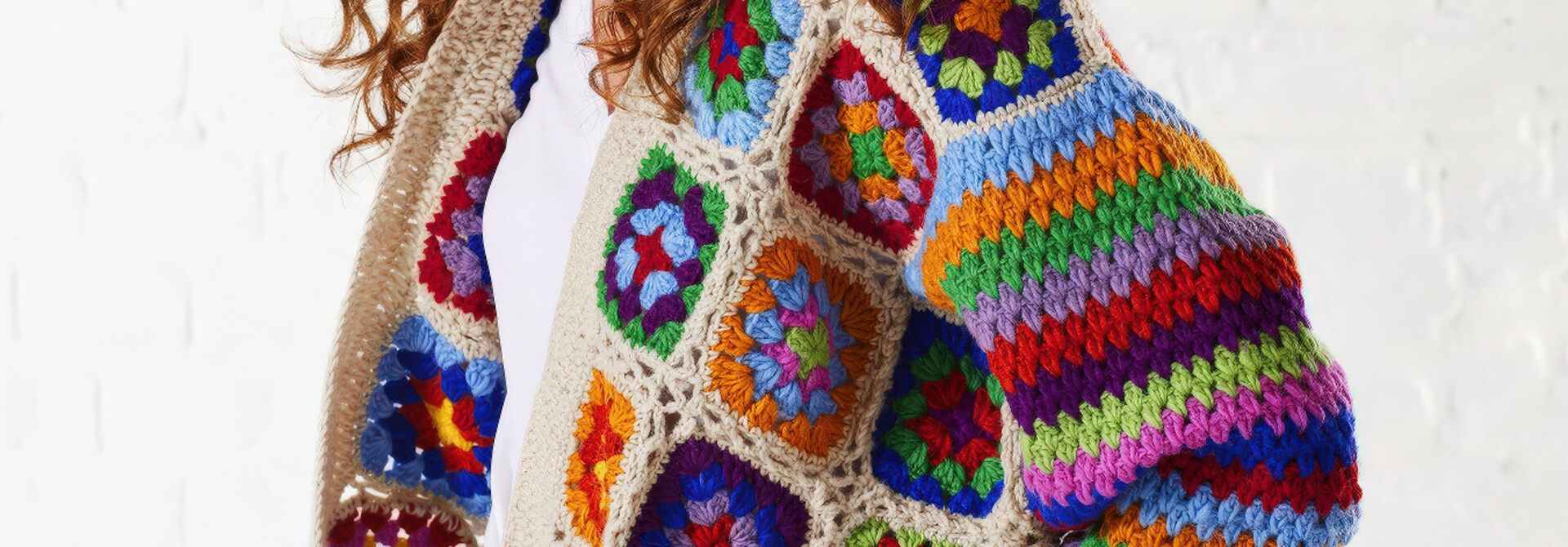 ♣ Crochet Cream Rainbow Cardigan