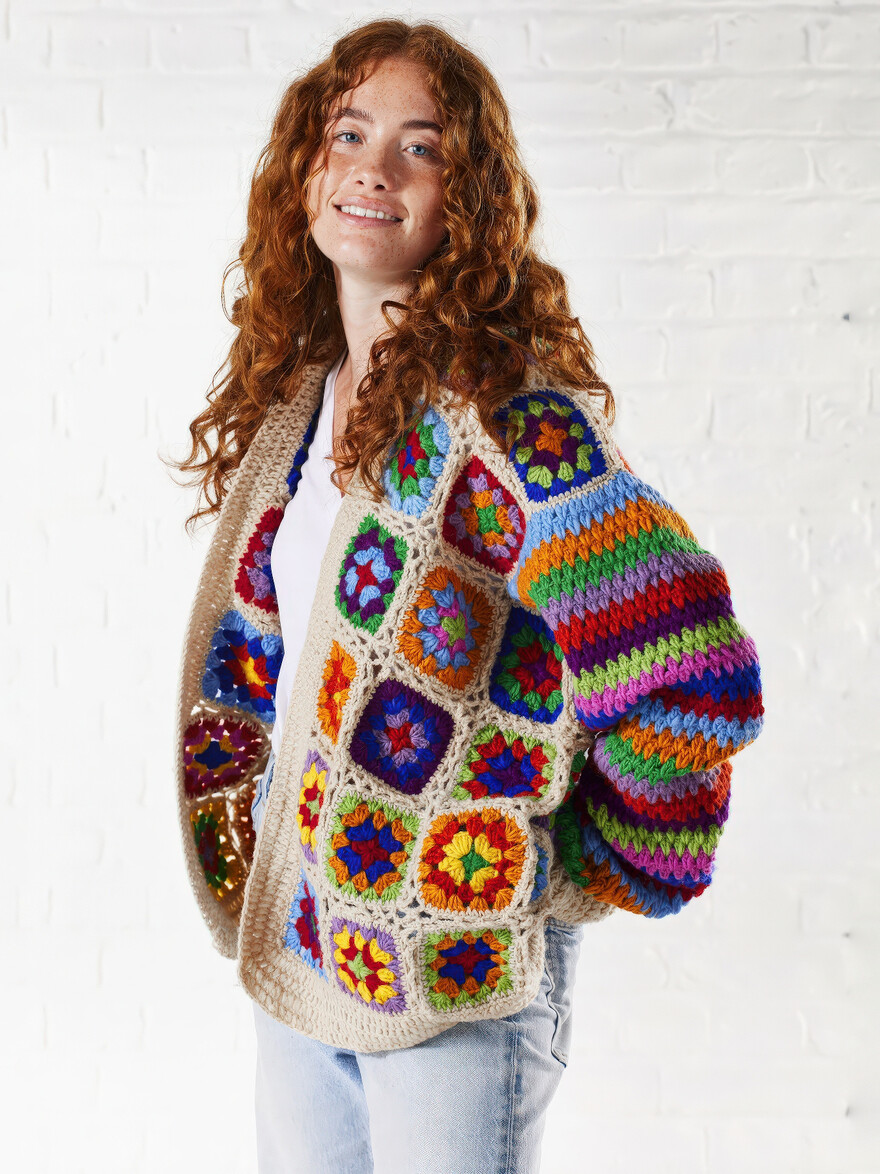 ♣ Crochet Cream Rainbow Cardigan
