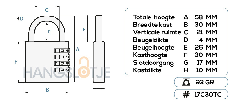 afmetingen combinatie cijferslot