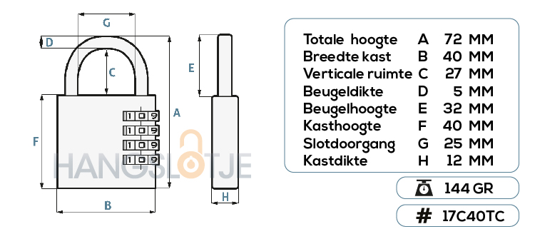 cijferhangslot afmetingen 40mm