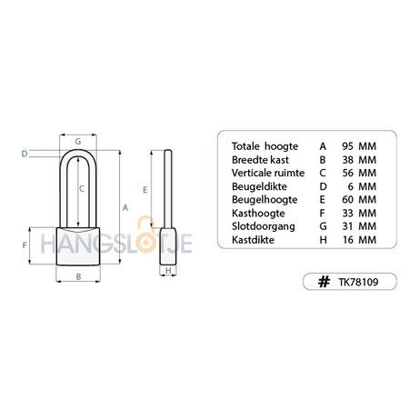 Work-it Hangslot 38 mm met hoge beugel 60 mm – blanco kast geschikt voor graveren