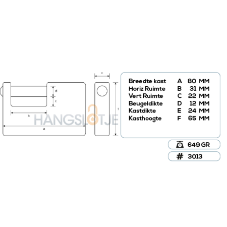 6x Blokslot 80mm Gelijksluitend Massief  Incl. 2 Sleutels