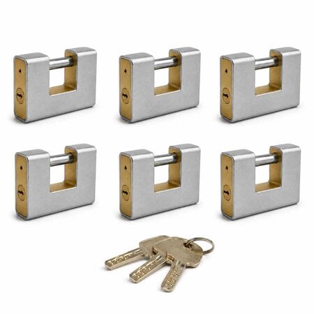 6x Blokslot 80mm Gelijksluitend Massief  Incl. 3 Sleutels