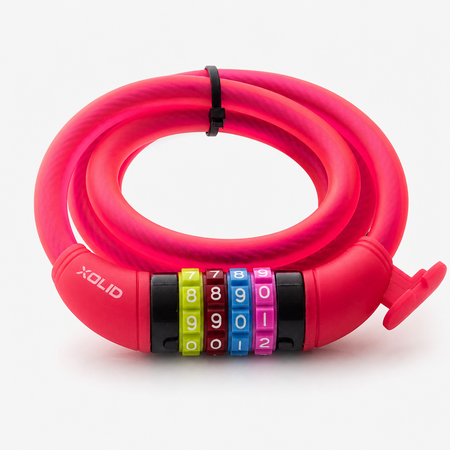 Flexibel roze kabelslot met 4-cijferige code, geschikt voor fietsen, kinderfietsen, e-bikes, fatbikes en elektrische steps. Geen sleutel nodig. 12 mm, 1,20 meter