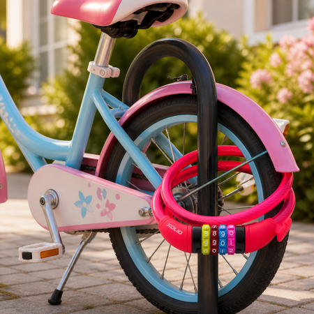Flexibel rosa kabelslot mit 4-stelligem Code, geeignet für Fahrraden, Kinderfahrräder, e-bikes, fatbikes und E-Scooter. Kein Schlüssel erforderlich. 12 mm, 1,20 Meter