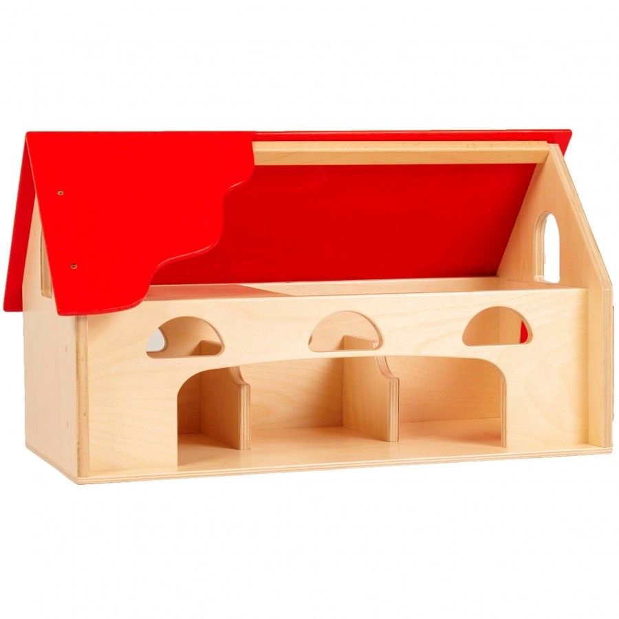Houten Boerderij met rood dak ruime speel opening Baboffel De kinder- en speelgoedwinkel voor bijzonder speelgoed