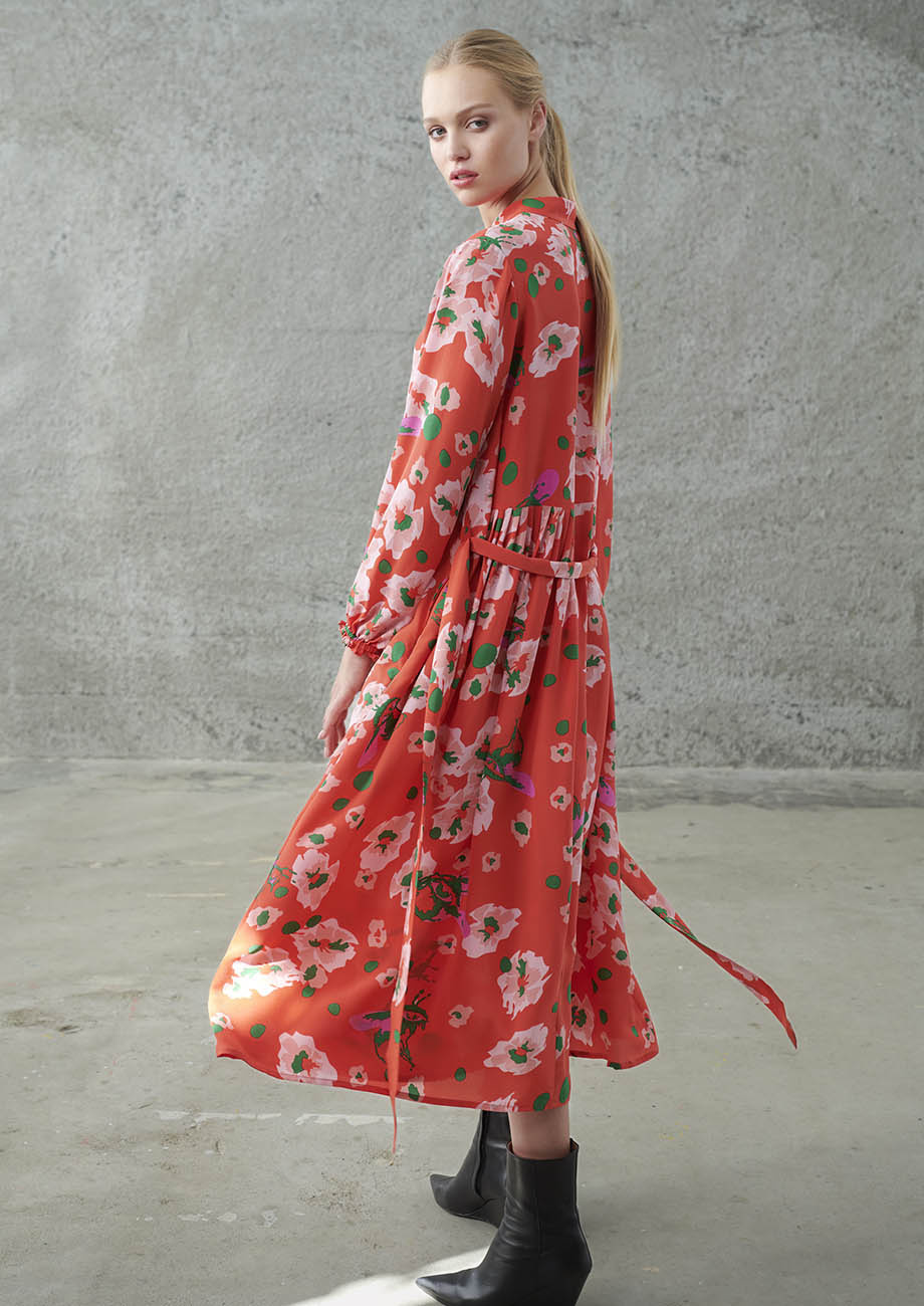 FOREVER SILK DRESS - FLOWER CORAL GREEN - an an londree