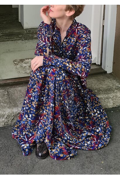 LONG WIDE SILK DRESS - BLUE-OLIVE