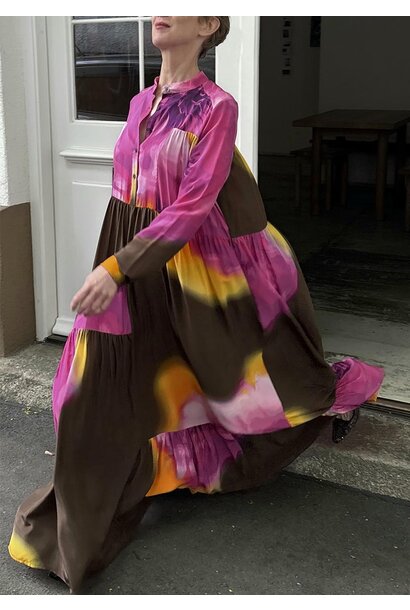 LANGES WEITES SEIDENKLEID - BRAUN-FUCHSIA