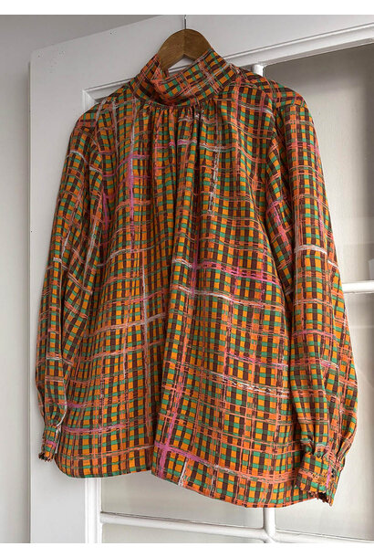 NEW TIE SILK BLOUSE - CHECK BURNT ORANGE