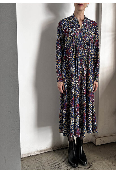 PLEATS SILK DRESS - BLUE OLIVE