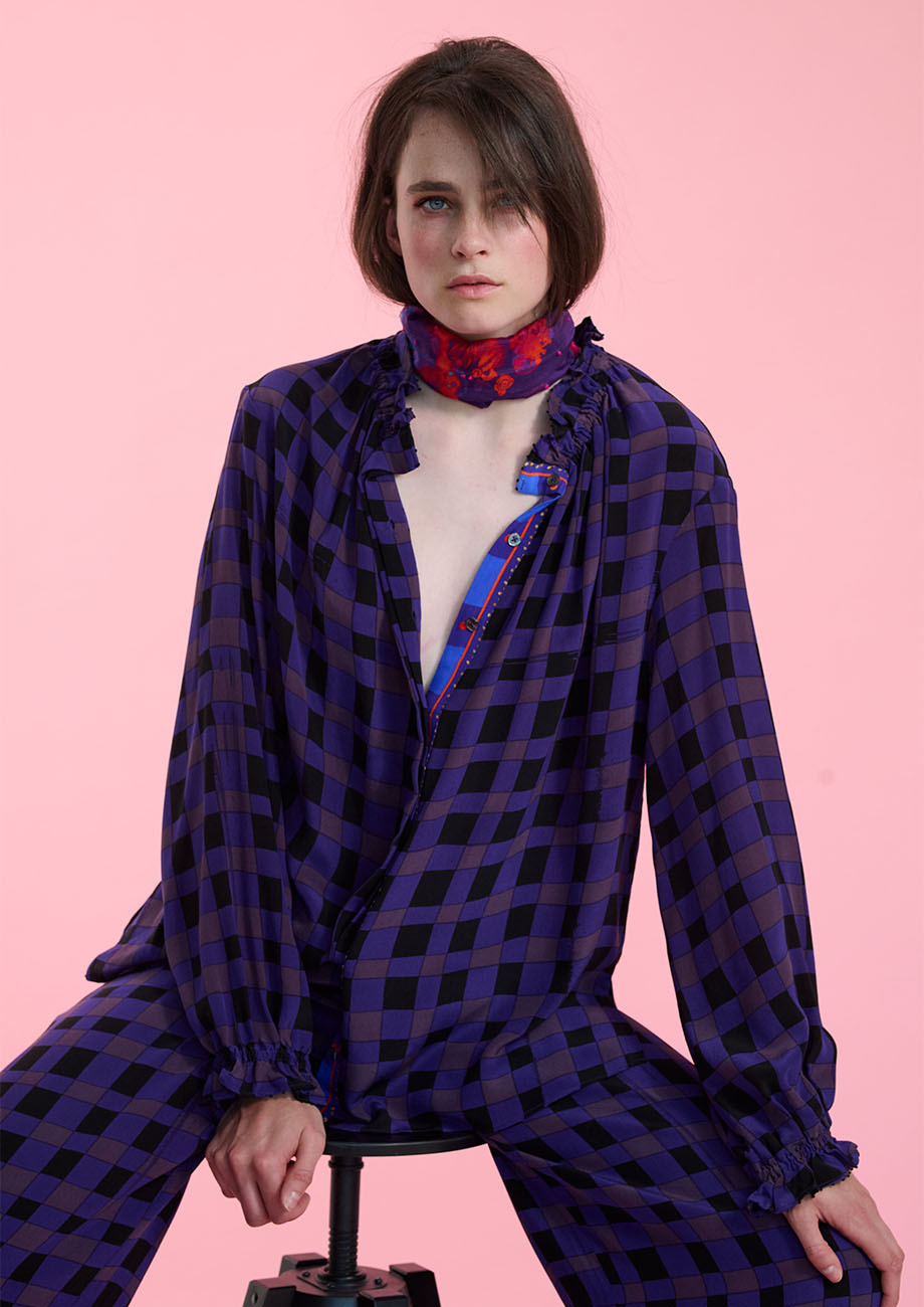 VOL SEIDENBLUSE - CHECK AUBERGINE-1