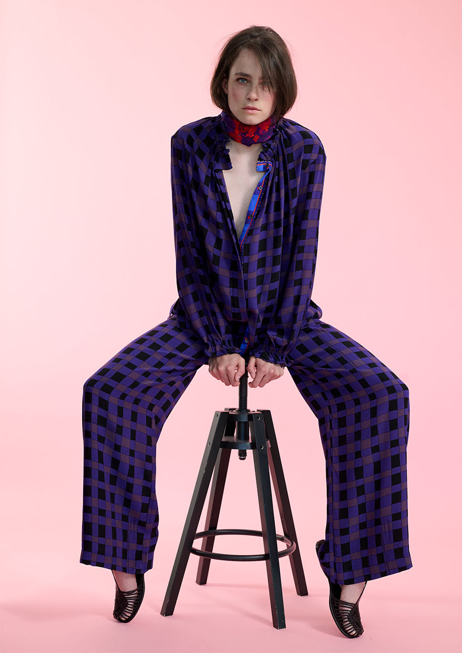 VOL SEIDENBLUSE - CHECK AUBERGINE-2