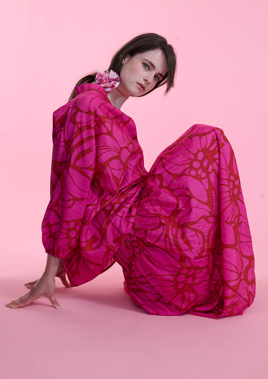 LANGER SMOCK SEIDENROCK - FLOWER FUCHSIA-4