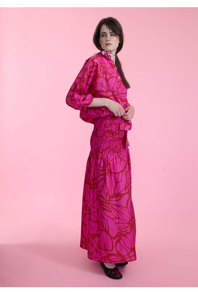 LONG SMOCK SILK SKIRT - FLOWER FUCHSIA
