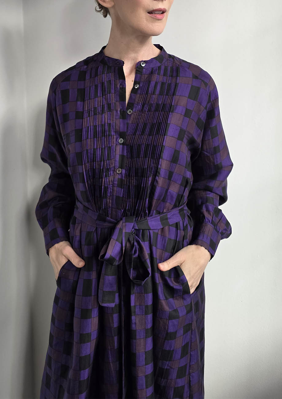 SUPER TUXEDO SEIDENKLEID MIDI - CHECK AUBERGINE-8