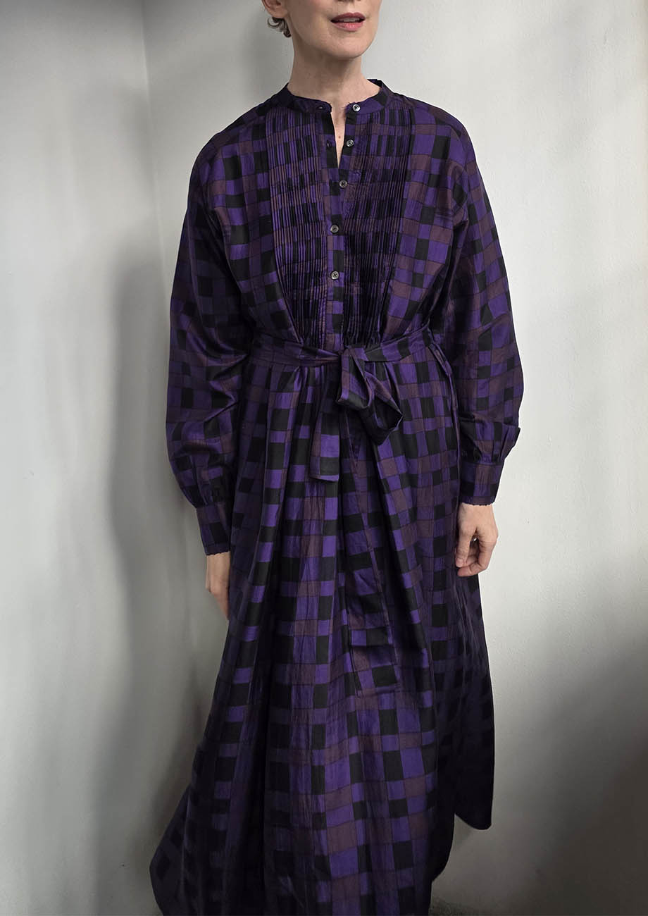 SUPER TUXEDO SEIDENKLEID MIDI - CHECK AUBERGINE-4