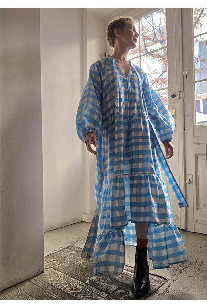 MAXI SILK DRESS - CHECK TÜRKIS