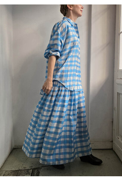 LONG SMOCK SILK SKIRT - CHECK TURQUOISE