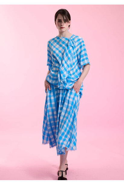 FRINGE SILK SKIRT - CHECK TURQUOISE