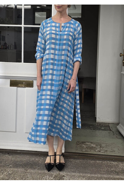 NOON SILK DRESS - CHECK TURQUOISE