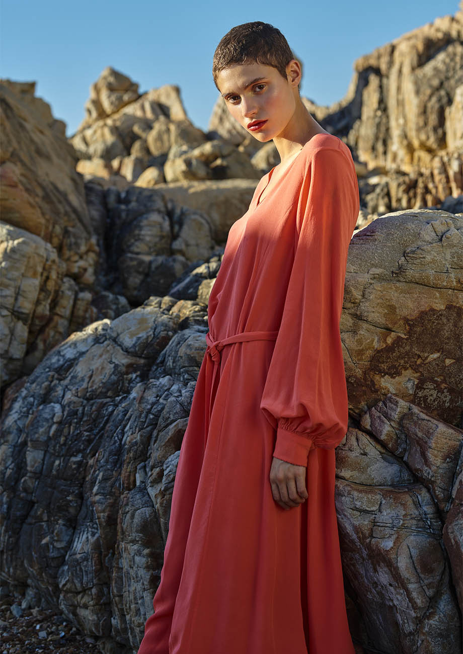 V SILK DRESS - HOT CORAL-2