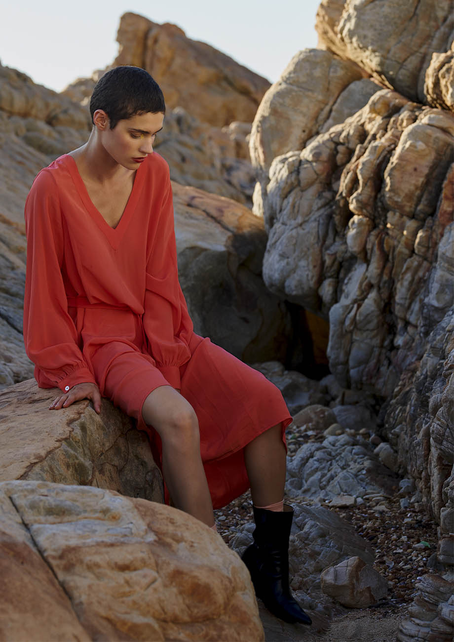V SILK DRESS - HOT CORAL-1